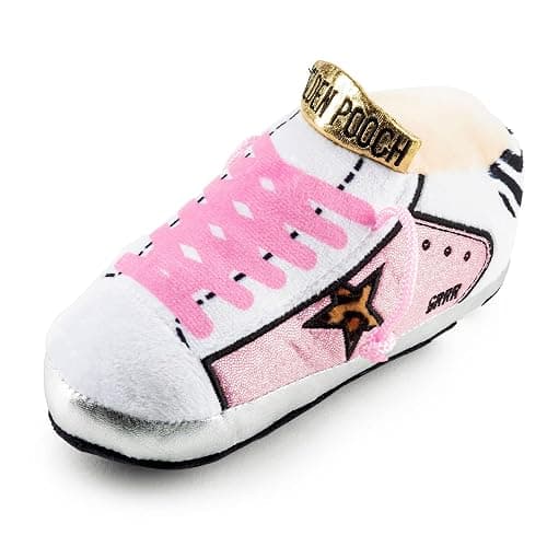 Haute Diggity Dog Pink Golden Pooch Tennis Shoe, Plush Designer Dog Toys with Interactive Squeaker, Stimulating Pet Enrichment, Machine-Washable & Safe Materials for All Breeds, One Size - Image 1