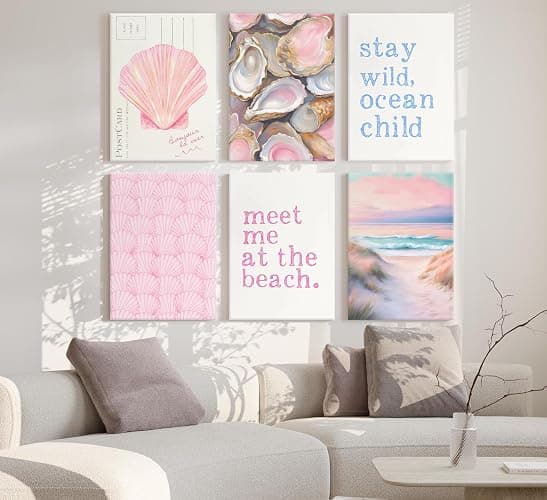 Pink Beach Preppy Canvas Wall art Coastal Granddaughter Aesthetic Room Painting Picture Wall Decor Shells Oyster Poster Print Artwork for Girls Room Girls Dorm Home Decoration thumbnail 5