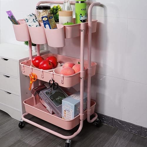 Piowio 3 Tier Utility Rolling Cart Multifunction Organizer Shelf Storage Cart with 3 Pieces Cups and 8 Pieces Hooks for Home Kitchen Bathroom Laundry Room Office Store etc. (Pink) thumbnail 2