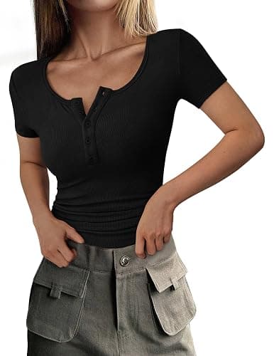 PRETTYGARDEN Women's 2025 Fall Summer Short Sleeve Tops Ribbed Henley Button Slim Fit Basic Casual T Shirts Blouse Clothing - Image 1