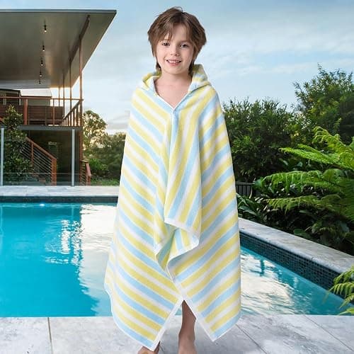 VOOVA & MOVAS Toddler Towels for Boys - 100% Cotton (3-10Years) - Quick Dry Absorbent Lightweigh Hooded Wrap Towel for Pool | Swim | Beach | Bath, Yellow Blue Stripe thumbnail 2