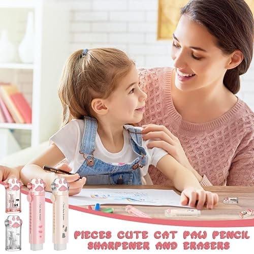 Sabary 4 Pcs Cute Cat Paw Stationery 2 Kawaii Pencil Sharpener 2 Retractable Eraser for Kids Home Office School(White, Pink) thumbnail 8