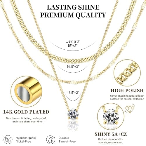 WomenGifts Layered Gold Necklaces for Women, 14K Gold Sterling Silver Plated Dainty Pendant Necklace Set Non Tarnish, Chunky Stackable Cuban Chain Choker, Trendy Birthstone Vacation Jewelry Gift thumbnail 7
