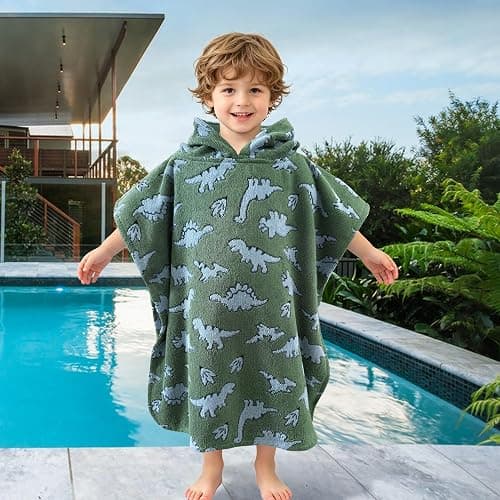 VOOVA & MOVAS Toddler Poncho Towel,1-3Y Soft Thick Cotton,Green Dino | 21"x21" In,Warm & Cozy,Super Absorbent,Quick Dry,No Fade,for Bath,Pool & Travel thumbnail 6