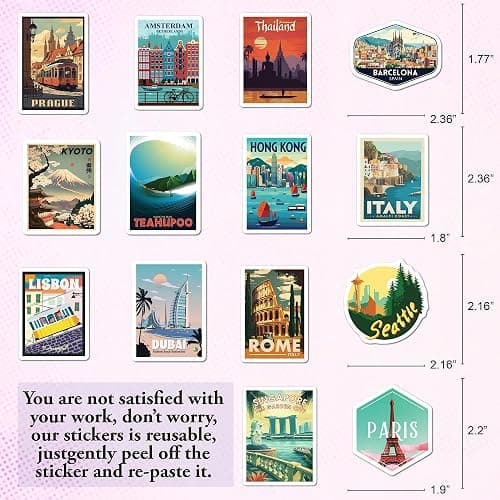 BEATRI World Travel Stickers 50Pcs Waterproof Vinyl Travel Map Stickers for Suitcase, Bicycle, Laptop, Water Bottle, Journaling & Travel Gear | Non-Repeating Decals, High-Definition Print thumbnail 3
