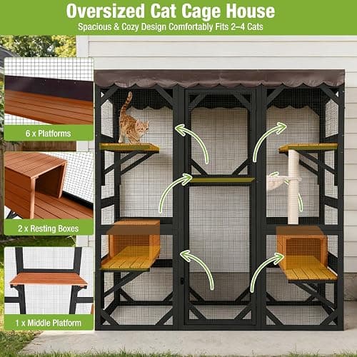 GUTINNEEN 71" Large Wooden Catio Outdoor Cat Enclosure with Scratching Posts, Walk-in Cat House with 6 Platforms & 2 Resting Boxes, Window Access, Weatherproof Roof for 2-6 Cats-Black thumbnail 2