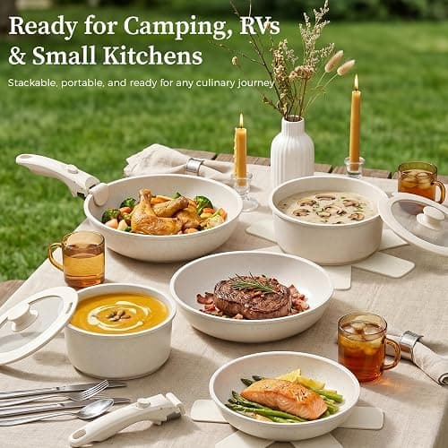 YASHE 15Pcs Nonstick Pots and Pans Set with Detachable Handle, Oven Safe | Induction Compatible Non-Toxic Stackable Cookware Set for RVs, Camping, PFOS/PFOA-Free thumbnail 9