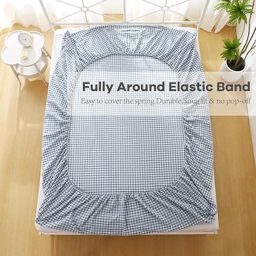 K MASANIJI Dust Blue White Plaid Ruffle Sheets Queen Size 4-Piece Set, 300TC 100% Yarn Dyed Cotton Sheets18 in Deep Pocket Classic Gingham Decorative Bedding (Dust Blue/White Plaid, Queen) thumbnail 4
