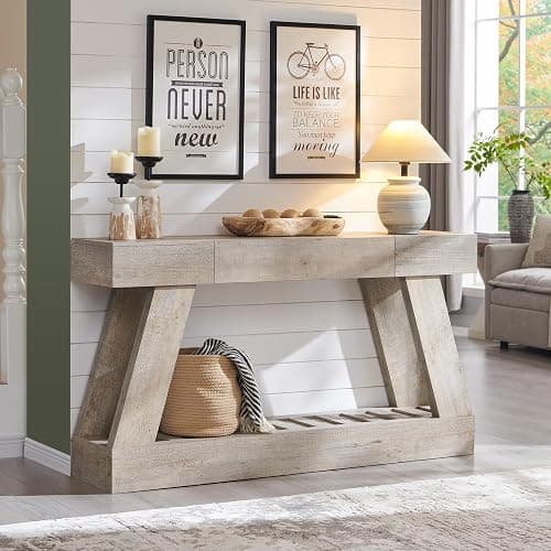 60" Farmhouse Entryway Table, Console Table with Drawer, Narrow Long Wood Sofa Table for Living Room, Wooden Hallway Foyer Table with Heavy Duty Base, Entry Table for Entrance(Light Rustic Oak) - Image 1