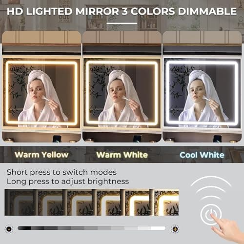 Farmhouse Makeup Vanity Desk with Sliding Mirror and Lights, 47.2" Big Vanity Table with Charging Station, Makeup Desk with 5 Drawers & 2 Cabinets, White thumbnail 5