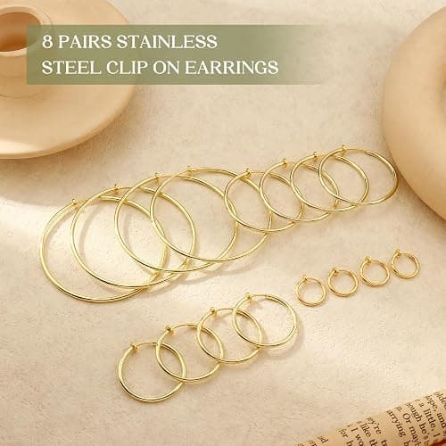 Magitaco 8 Pairs Clip On Hoop Earrings Stainless Steel Clip On Earrings for Women Fake Hoop Earring Spring Hoop Earring For Non-Pierced Ears thumbnail 4