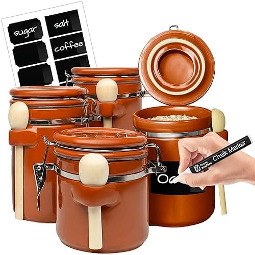 Home Intuition Ceramic Kitchen Canisters Set of 4 with Wooden Spoon Set – Airtight Containers, Metal Latches for Utmost Freshness – Sugar, Coffee, Flour, Tea & More | Rust - Rust