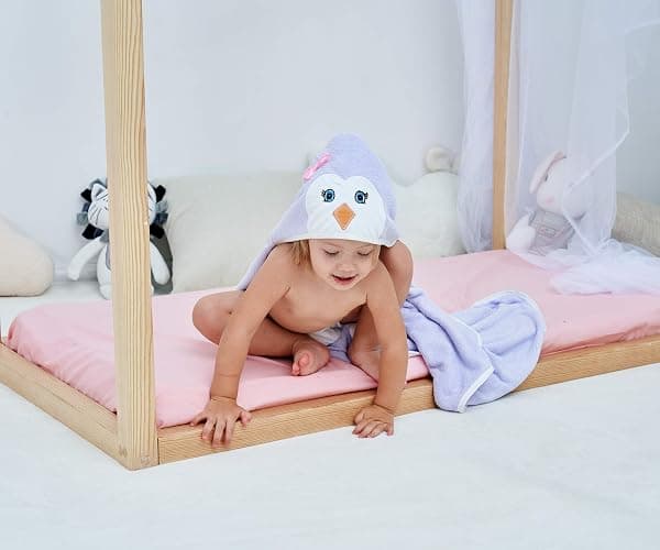 HIPHOP PANDA Hooded Towel - Rayon Made from Bamboo, Bath Towel with Bear Ears for Newborn, Babie, Toddler, Infant - Absorbent Large Baby Towel - Purple Penguin, 37.5 x 37.5 Inch thumbnail 4