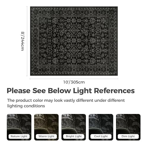 LIVEBOX Washable Area Rug 8x10 - Large Black Boho Living Room Rug Vintage Rugs for Bedroom, Non-Slip Retro Floral Carpet Print Distressed Accent Rugs for Dining Room Home Office thumbnail 2