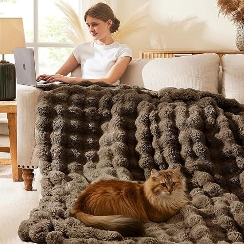 L'AGRATY Faux Rabbit Fur Blanket: 60" x 80" Twin Luxury Soft Fluffy Thick Fur Throw Blanket for Couch Bed Sofa - Cozy Plush Bubble Blankets for Winter: Flannel Fleece Decorative Blanket(Cocoa Brown) thumbnail 4