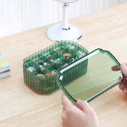 LETURE 3-Layer Jewelry Organizer Box for Earrings, Rings, Necklaces, Bracelets, Clear Plastic Bead Storage Containers for Crafts (Green) thumbnail 7