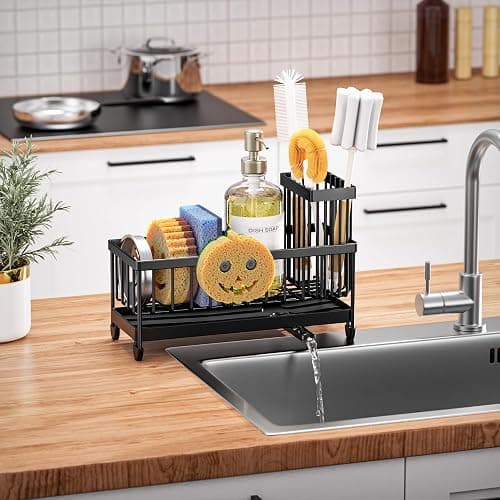 Cisily Sponge Holder for Kitchen Sink, Sink Caddy Organizer with High Brush Holder, Kitchen Countertop Organizers and Storage Essentials, Rustproof 304 Stainless Steel (Black with Smiley Face, 9.25″) thumbnail 6