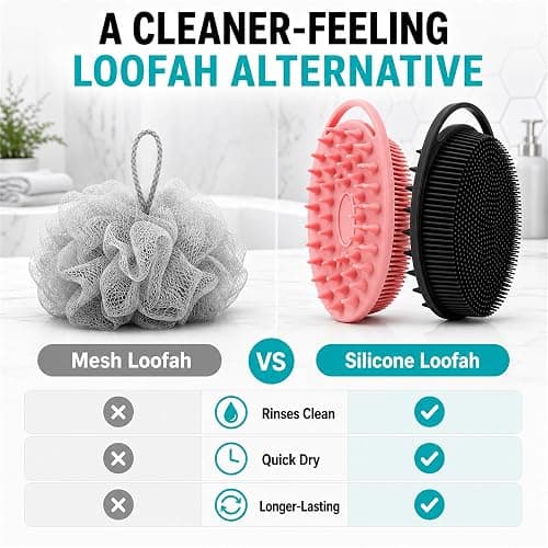 2 Pack Silicone Body Scrubber, Loofah Double-Sided Body Brush,Shower Scrubber and Scalp Massager Shampoo Brush for Sensitive Kids Women Men All Kinds of Skin (Black & Pink) thumbnail 6