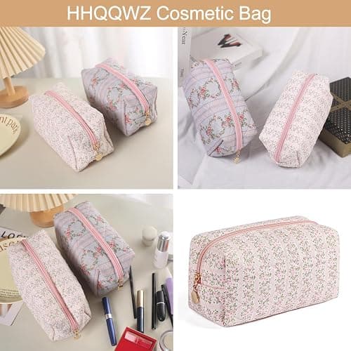 HHQQWZ Makeup Bag Travel Cosmetic Bag for Women Girls, Zipper Make Up Pouch, Floral Flowers Toiletry Organizer Makeup, Portable Storage Cosmetic Travel Cloth Bag (Pink) thumbnail 4