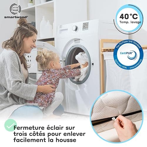 smartwood Matelas 90x190 Enfant – Mousse Matelas 12 cm – Mi-fermé H2 Certifié Oeko-TEX – Réversible – Housse Lavable Anti-Allergique et Respirante | Made in EU thumbnail 4