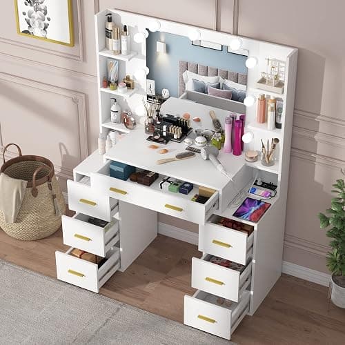 PAKASEPT Vanity Set with Lighted Mirror, 43'' Makeup Vanity with Charging Station, Vanity Desk with 9PCS LED Bulb, Storage Shelves, 7 Drawers for Bedroom(No Stool) thumbnail 8