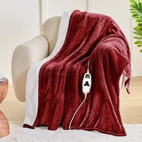 greenoak Heated Blanket Electric Throw 50"X60", Heating Blanket with 10 Heat Levels 1/2/4/6/8 Hours Auto-Off Overheat Protection, Flannel Sherpa Soft Warm Heater Blanket, ETL Certified Red thumbnail 2