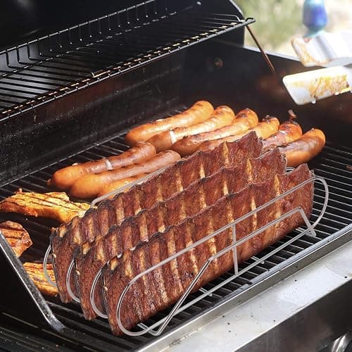Extra Long Stainless Steel Rib Rack for Smoking and Grilling, Holds up to 3 Full Racks of Ribs, Fits 18” or Larger Gas Smoker or Charcoal Grill, Perfect Smoker Accessories Gifts for Men thumbnail 2