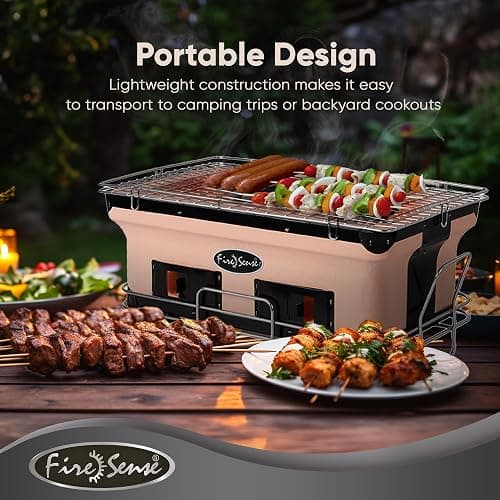 Fire Sense 60450 Yakatori Internal Grates Charcoal Chrome Cooking Grill Japanese Table BBQ Handmade Using Clay Adjustable Ventilation For Outdoor Barbecues Camping Traveling - Large - Tan thumbnail 5