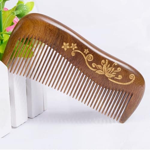 Breezelike Sandalwood Hair Comb - No Static Handmade Wooden Fine Tooth Detangling Comb with Golden Painted Flower thumbnail 4
