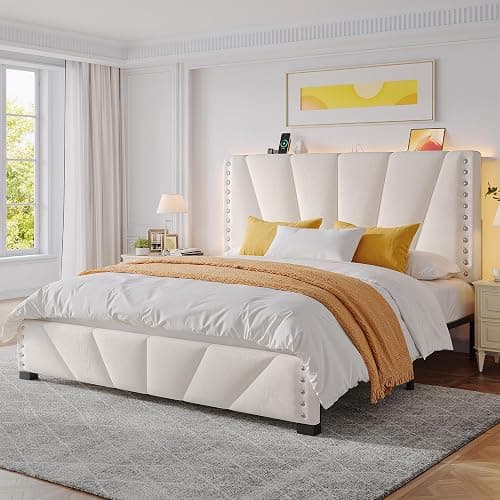 EnHomee Queen Bed Frame and Headboard, Velvet Upholstered Bed Frame Queen Size with Charging Station and LED Lights, Platform Bed Frame for Bedroom, Apartment, Dorm, Noise-Free, Easy Assembly, Beige - Image 1