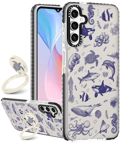 Boaretiu Cute Kawaii Case for Samsung Galaxy A15 5G Phone Case with Kickstand - Fashion 360° Sticky Rotate Ring Holder Design for Women Girls Girly for Samsung Galaxy A15 5G Case, Sea Fish - Image 1