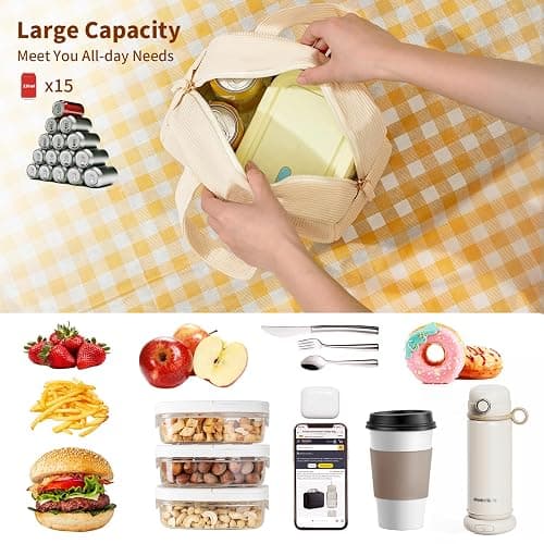 belaven Insulated Lunch Bag for Women, 6-Hour Cold Retention Cooler Tote with Sturdy Handle, 15-Can Spacious Capacity, Leakproof Corduroy Fabric & Aluminum Foil Lining, (Beige) thumbnail 6