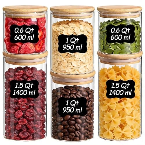 ComSaf Glass Storage Containers with Lids (0.6qt/1qt/1.5qt) Set of 6,Glass Pantry Storage Containers with Airtight Lid & lables for Dry Food, Snacks, Nuts, Stackable for Kitchen, Pantry Organization - Image 1