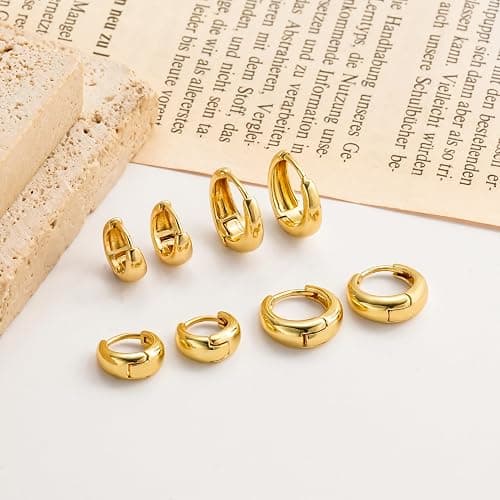Foxgirl 4 Pairs Small Chunky Huggie Hoop Earrings for Women - Dainty 14K Gold Plated Hypoallergenic Lightweight Stack Earring Sets for Multiple Piercing Trendy Jewelry thumbnail 6