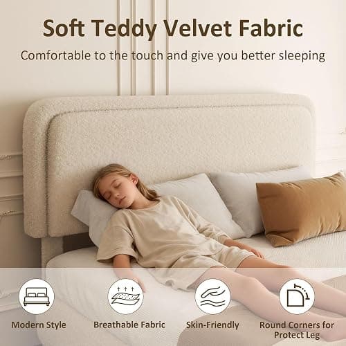 Konprosp Full Bed Frame, Teddy Velvet Boucle Bed Frame with 43.3"/45.3" Adjustable Upholstered Headboard, Rounded Corners, Mattress Foundation, No Box Spring Required, Beige thumbnail 3