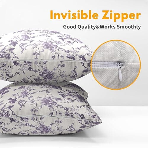 Lavender Purple Floral Pillow Covers 18x18 Inch Set of 2 Purple and Cream Chinoiserie Flower Outdoor Decorative Throw Pillows Vintage Rustic Toile Pillowcases Cushion Covers for Couch Home Decor thumbnail 4