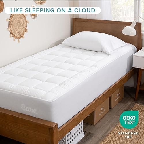 Bare Home Twin XL Mattress Topper Cotton Top - Twin Extra Long - Soft Plush Topper for Mattress - College Dorm Room Essentials - Cooling Breathable Air Flow - 8" to 21" Deep Pocket (Twin XL, White) - Twin XL - White thumbnail 2