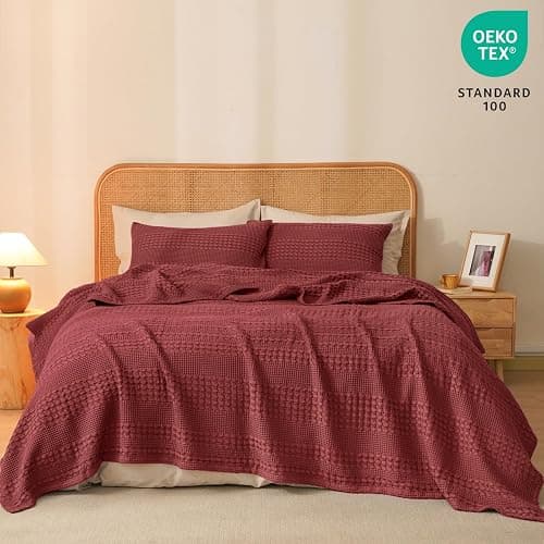 PHF 100% Cotton Waffle Weave Blanket Queen Size for Bed, Soft Lightweight & Breathable for Spring and Summer, All-Season Comfort, Luxury Aesthetic Blanket for Home Decor, 90"x90", Wine Red thumbnail 6