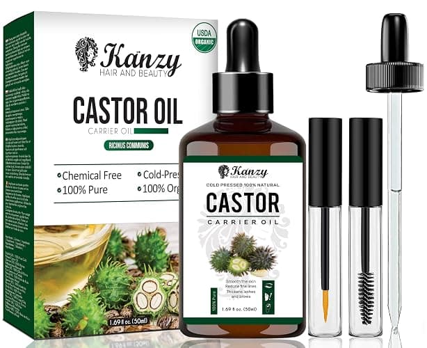 Kanzy Organic Castor Oil for Eyelashes and Eyebrows 50ml Cold Pressed for Hair Growth 100% Natural and Pure with Brushes for Hair, Beard, Nails, and Skin - Image 1