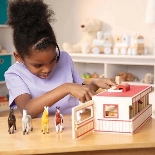 Melissa & Doug Take-Along Show-Horse Stable Play Set– Pretend Play Wooden Barn Toy with 8 Horse Toys & Carrying Case, Portable Preschool Travel Toys for Kids Ages 3+ thumbnail 2
