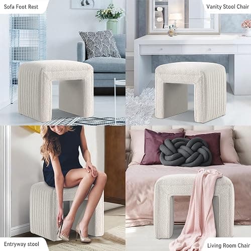 Get Set Style Vanity Stool Chair,Boucle Ottoman Foot Stool Modern Ottoman Footstool with Wood Legs Sofa Bench Extra Seating for Living Room, Entryway, Office (Fully Assembled) - White thumbnail 7