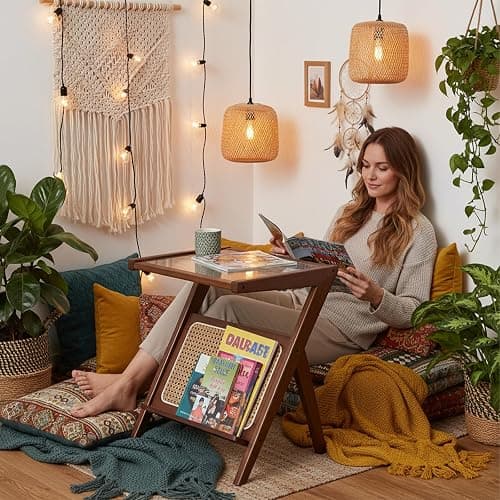 Tiita 2 Pack Rattan Side Table, Mid Century Nightstand, Bamboo Accent Bedside Tables, Glass Coffee Tables, Boho Wooden End Table with Storage for Small Space, Living Room and Bedroom thumbnail 2
