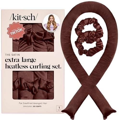 Kitsch Satin Heatless Hair Curler Set XL- Heatless Curls Overnight, Hair Rollers for Soft Curls & Frizz-free Styling, No Heat Curlers To Sleep in, Curling Rod, Includes 2 Scrunchies - Chocolate - Image 1