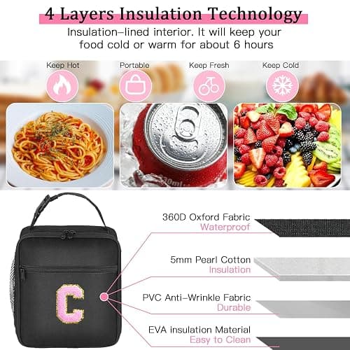 Initial Insulated Lunch Bag, Lunch Box with Initial Letter Patch for Teen Adult, Reusable Lunch Bag for Men Women, Ideal Back to School Gift Birthday Gift, Pink C thumbnail 3