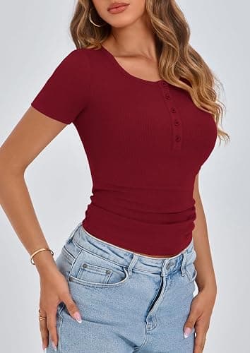 PRETTYGARDEN Women's 2025 Spring Summer Short Sleeve Tops Ribbed Henley Button Slim Fit Basic Casual T Shirts Blouse Clothing - Wine Red - Large thumbnail 4