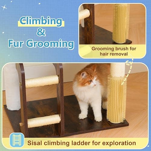 Hey-brother Wooden Cat Tree, 69.7 inch Cats Furniture Tower with Large Platforms, Hammocks, Spacious Condo, Full Sisal Scratching Posts, Ladder, Brush, Water Proof Surface, Rustic Brown MPJ121SR thumbnail 6