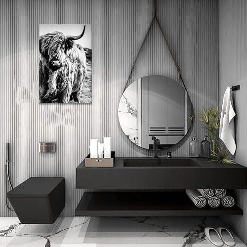 Highland Cow Wall Art Canvas Black and White Cow Picture Prints Framed Artwork for Bathroom Farmhouse Wall Decor (16x24inches) thumbnail 5