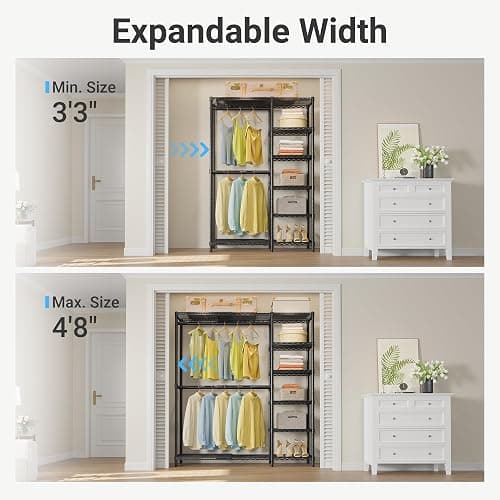 VIPEK X2 Expandable Reach-in Closet Racks Adjustable from 3'3" to 4'8" Portable Open Walk-in Closet Rack System with Flexible Shelves and Hanger Rods Clothing Rack for Hanging Clothes, Black thumbnail 4