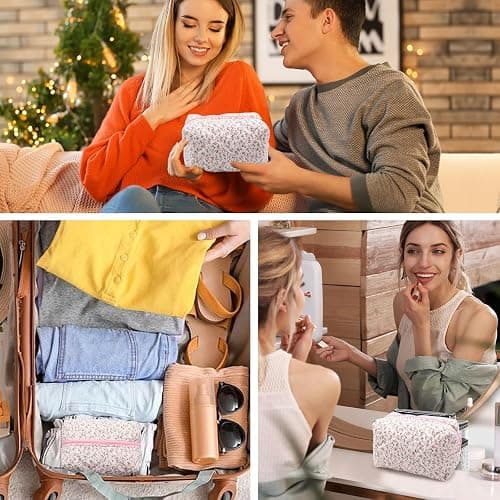 dark swan Cotton Quilted Makeup Bag, Cute Pouch Toiletry Bag Cosmetic Bag Quilted Floral Organizer Bag Travel Coquette Aesthetic Portable Storage Zipper Purse for Women (Pink) thumbnail 7