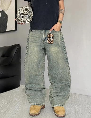 QGRSWBC Mens Wide Leg Jeans Super Baggy Pants Y2k Loose Fit Denim Jeans Skater Trousers Streetwear thumbnail 2